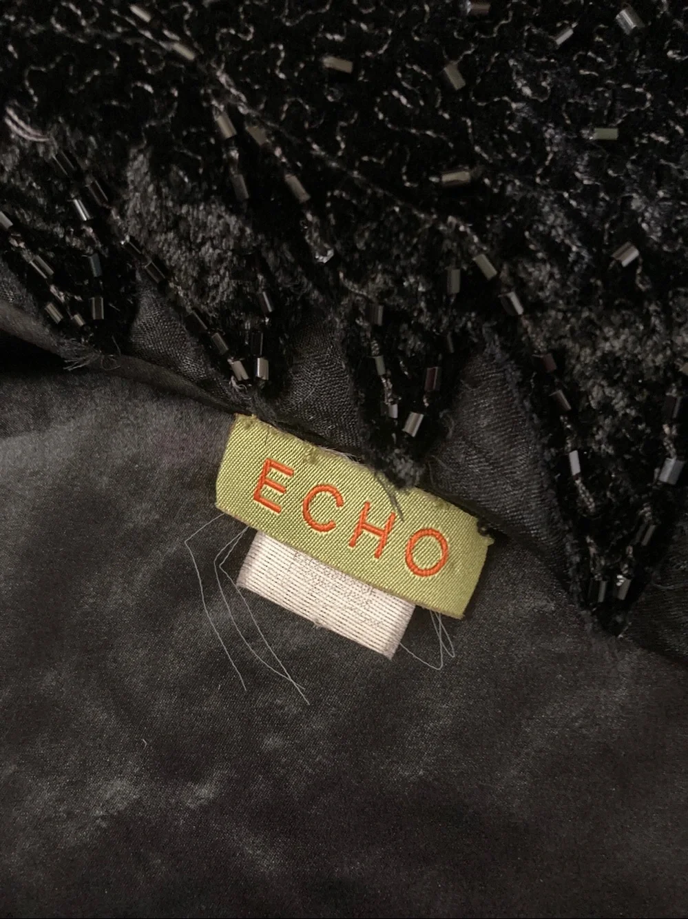 Vintage Echo black beaded silk satin & velvet scarf.